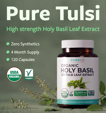 PURE CO USDA Organic Holy Basil Supplement – High Potency Organic Holy Basil 500mg 25:1 Extract 1 Capsule Per Serving – High Strength Tulsi Extract – 60 Vegan Capsules – Non-GMO & Made in USA - PrimeBioHealth - canada supplements