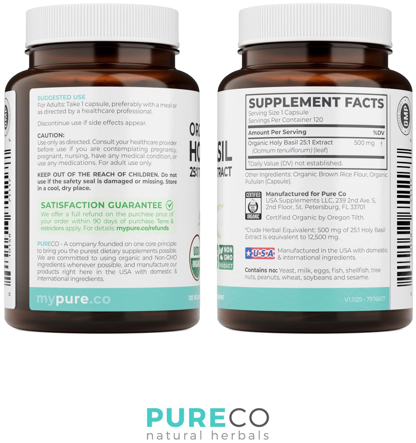 PURE CO USDA Organic Holy Basil Supplement – High Potency Organic Holy Basil 500mg 25:1 Extract 1 Capsule Per Serving – High Strength Tulsi Extract – 60 Vegan Capsules – Non-GMO & Made in USA - PrimeBioHealth - canada supplements