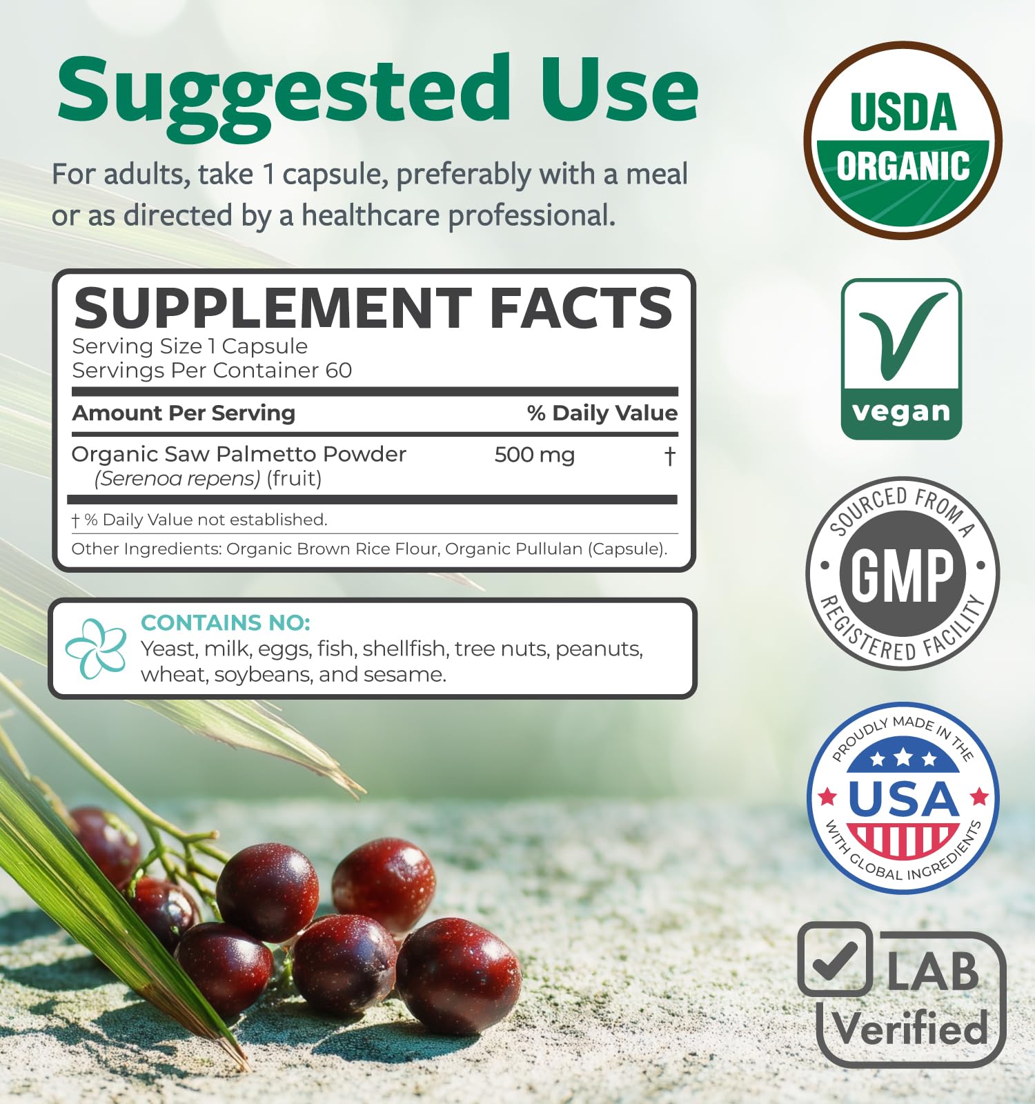 PURE CO USDA Organic Saw Palmetto Supplement - Organic Saw Palmetto for Women & Men's Urinary Tract Prostate & DHT Blocker for Women - Whole Berries - Vegan Non-GMO & Lab Verified (2 Month Supply) - PrimeBioHealth - canada supplements