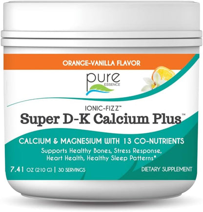 Pure Essence Ionic Super D-K Calcium Plus by Pure Essence - with Extra Magnesium, Vitamin D3, Vitamin K2 for Strong Bones and Stress Relief - Orange Vanilla - 7.41oz - PrimeBioHealth - canada supplements