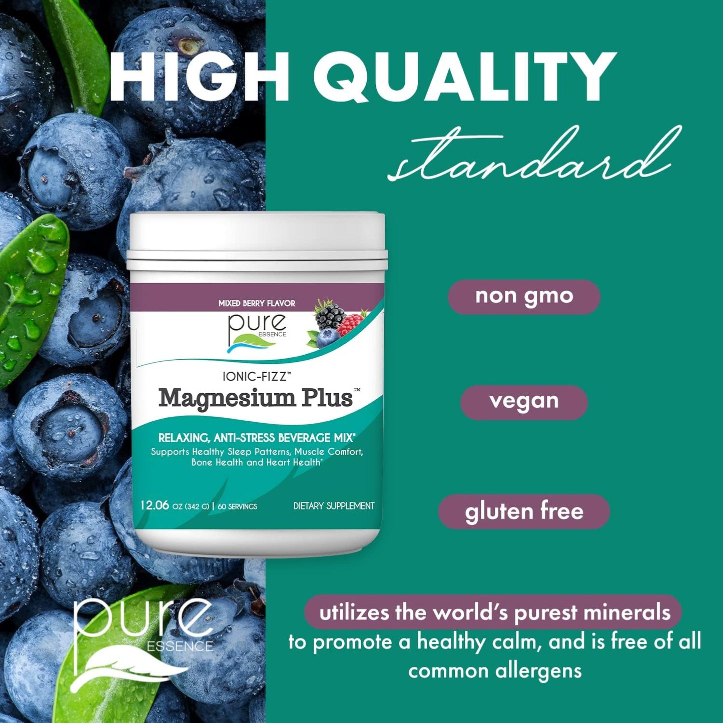 Pure Essence Labs Ionic Fizz Magnesium Plus, Anti-Stress Supplement Drink Powder, Gluten Free and Non-GMO Magnesium Powder (Mixed Berry, 12.06 Ounce (Pack of 1)) - PrimeBioHealth - canada supplements