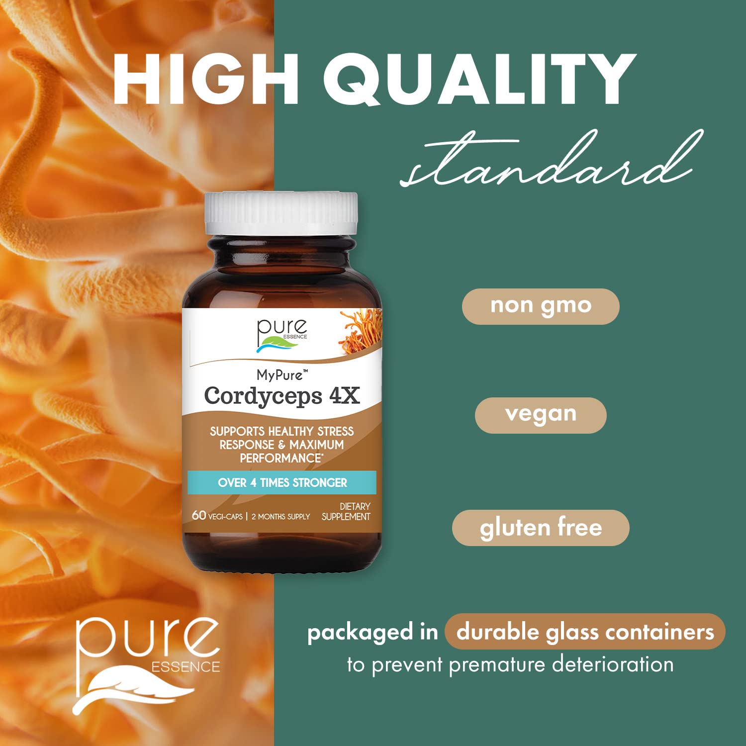 PURE ESSENCE LABS MyPure Cordyceps 4X Mushrooms - Concentrated Cordyceps Mushroom Powder Supplements for Immune System, Stress Response, Physical & Mental Performance - 2 Months Supply - PrimeBioHealth - canada supplements