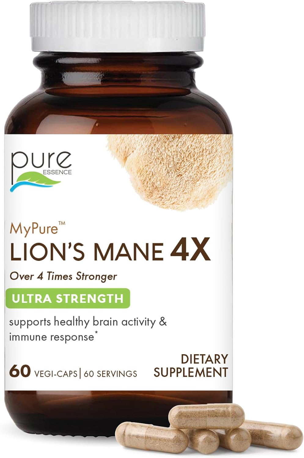 PURE ESSENCE LABS MyPure Lion's Mane 4X - Ultra Strength Brain Support Supplement for Cognitive Health, Focus, Memory & Mental Clarity, 60 Capsules - PrimeBioHealth - canada supplements