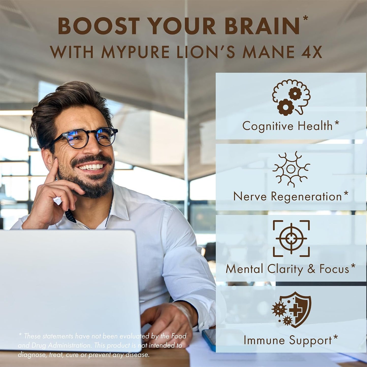PURE ESSENCE LABS MyPure Lion's Mane 4X - Ultra Strength Brain Support Supplement for Cognitive Health, Focus, Memory & Mental Clarity, 60 Capsules - PrimeBioHealth - canada supplements