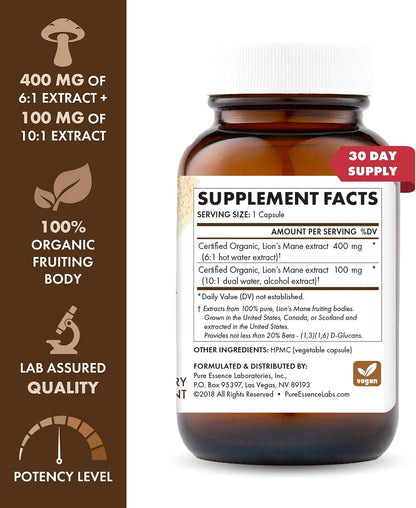 PURE ESSENCE LABS MyPure Lion's Mane 4X - Ultra Strength Brain Support Supplement for Cognitive Health, Focus, Memory & Mental Clarity, 60 Capsules - PrimeBioHealth - canada supplements