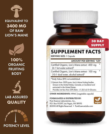 PURE ESSENCE LABS MyPure Lion's Mane 4X - Ultra Strength Brain Support Supplement with 6:1 Hot Water Extract & 10:1 Extract for Cognitive Health, Focus, Memory & Mental Clarity, 30 Capsules - PrimeBioHealth - canada supplements