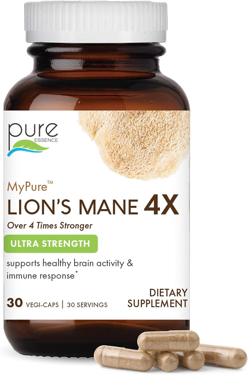 PURE ESSENCE LABS MyPure Lion's Mane 4X - Ultra Strength Brain Support Supplement with 6:1 Hot Water Extract & 10:1 Extract for Cognitive Health, Focus, Memory & Mental Clarity, 30 Capsules - PrimeBioHealth - canada supplements