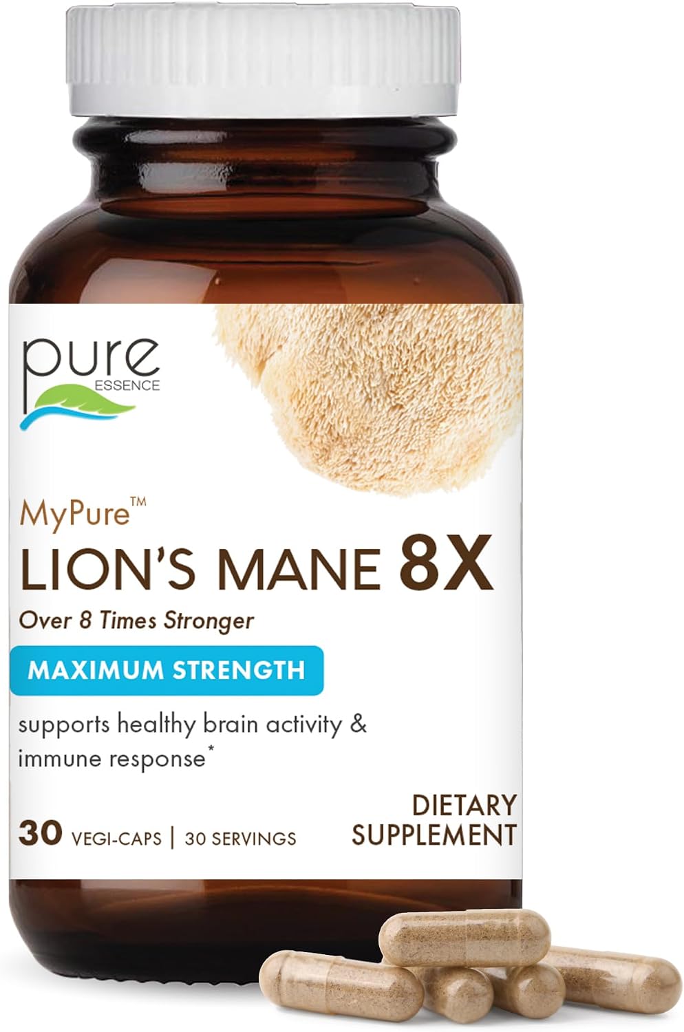 PURE ESSENCE LABS MyPure Lion's Mane 8X - Max Strength Brain Support with 100% Fruiting Body Organic Lion's Mane for Ultimate Cognitive Performance, Focus, and Mental Clarity, 30 Capsules - PrimeBioHealth - canada supplements