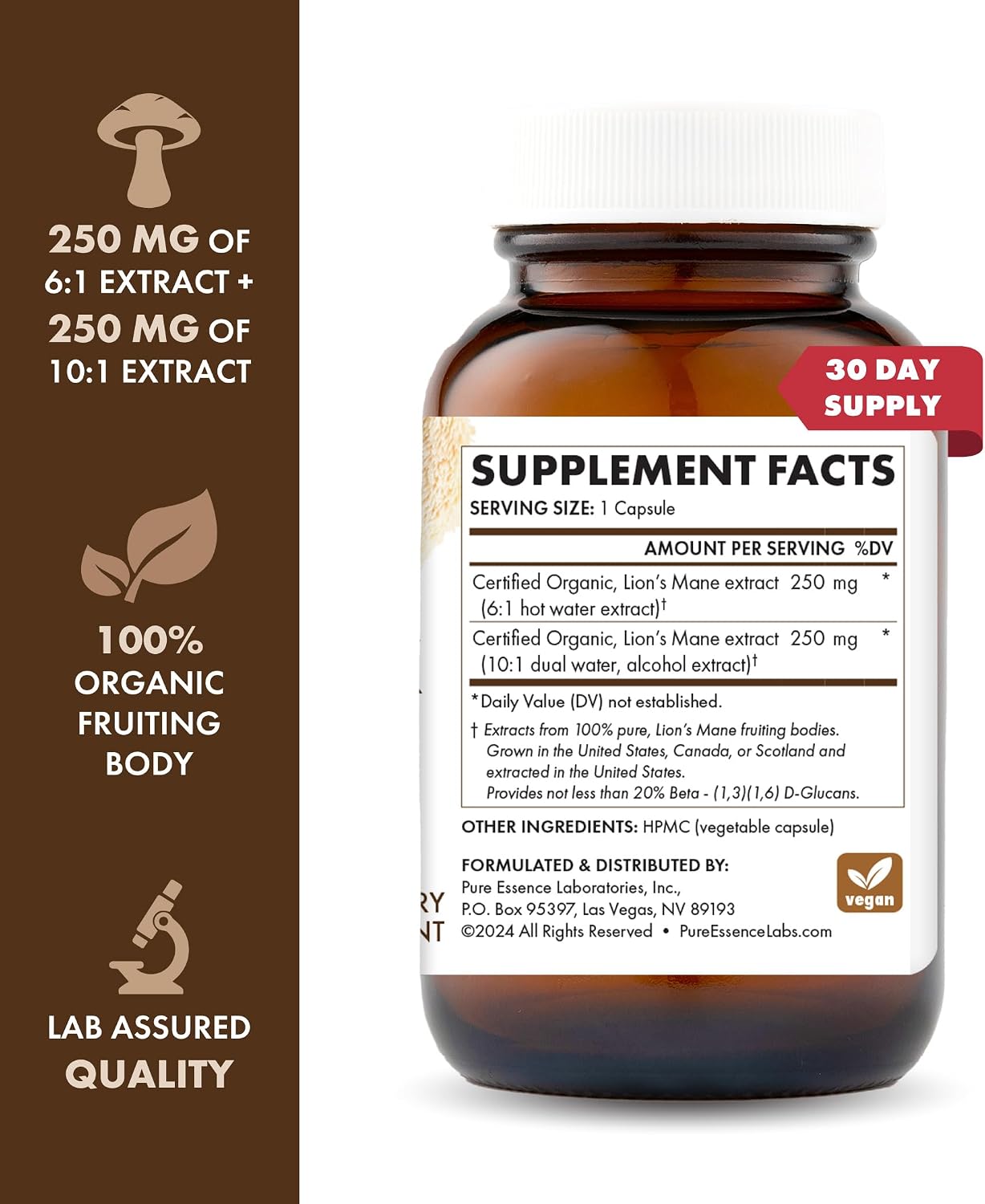 PURE ESSENCE LABS MyPure Lion's Mane 8X - Max Strength Brain Support with 100% Fruiting Body Organic Lion's Mane for Ultimate Cognitive Performance, Focus, and Mental Clarity, 60 Capsules - PrimeBioHealth - canada supplements