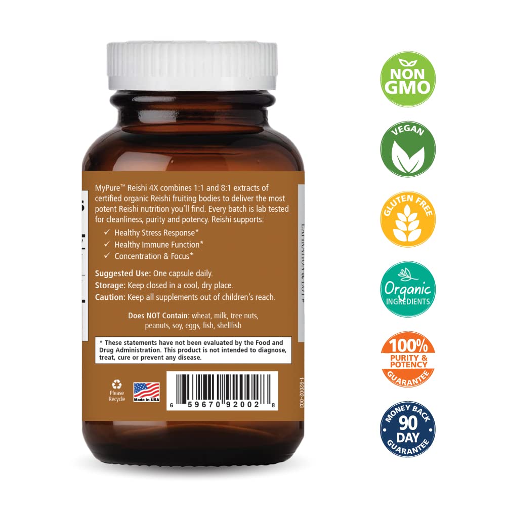PURE ESSENCE LABS MyPure Reishi 4X Organic Mushrooms Supplement - 100% Real Mushroom Extract for Immune Support, Stress Relief, Build Energy (60 Capsules) - PrimeBioHealth - canada supplements