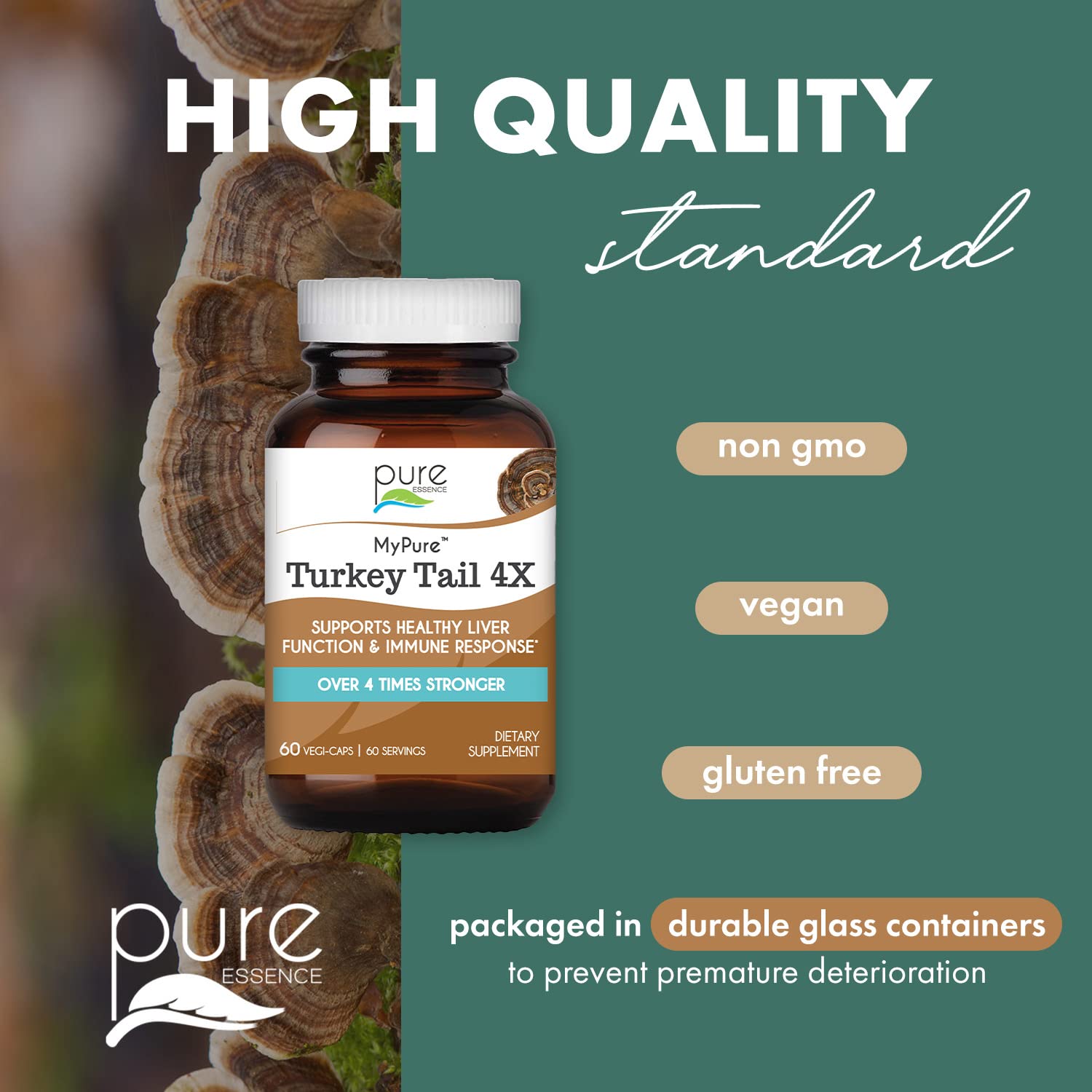 PURE ESSENCE LABS Organic Turkey Tail 4X Mushroom Extract, Vegan Mushrooms Supplement for Immune Building, 30 Capsules - PrimeBioHealth - canada supplements