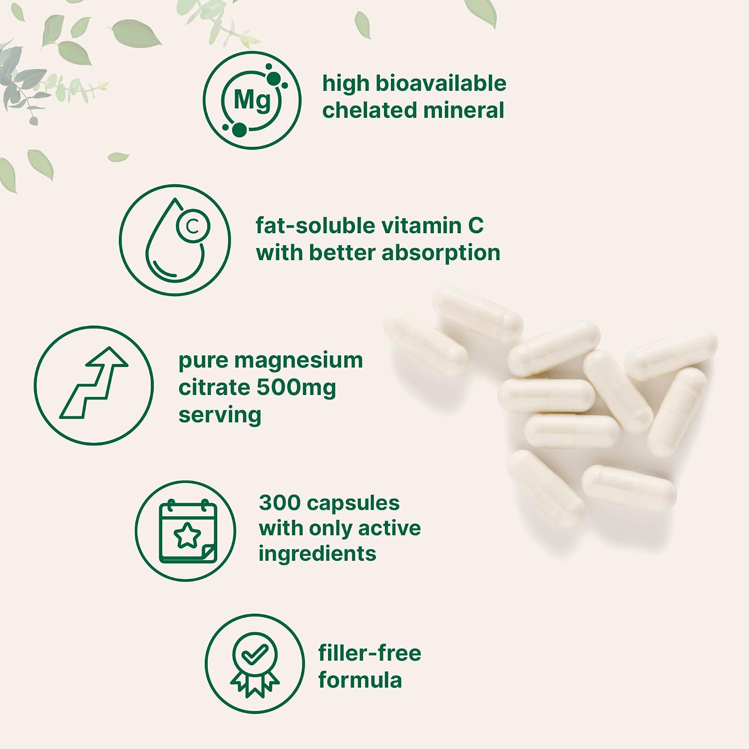 Pure Magnesium Citrate Supplements 500mg, 300 Capsules | Fat-Soluble Vitamin C Added | 100% Chelated | Only Active Ingredients - PrimeBioHealth - canada supplements
