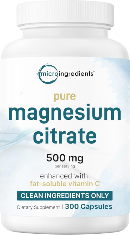 Pure Magnesium Citrate Supplements 500mg, 300 Capsules | Fat-Soluble Vitamin C Added | 100% Chelated | Only Active Ingredients - PrimeBioHealth - canada supplements
