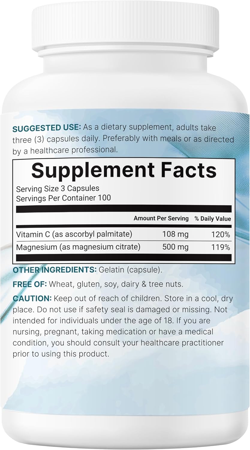 Pure Magnesium Citrate Supplements 500mg, 300 Capsules | Fat-Soluble Vitamin C Added | 100% Chelated | Only Active Ingredients - PrimeBioHealth - canada supplements
