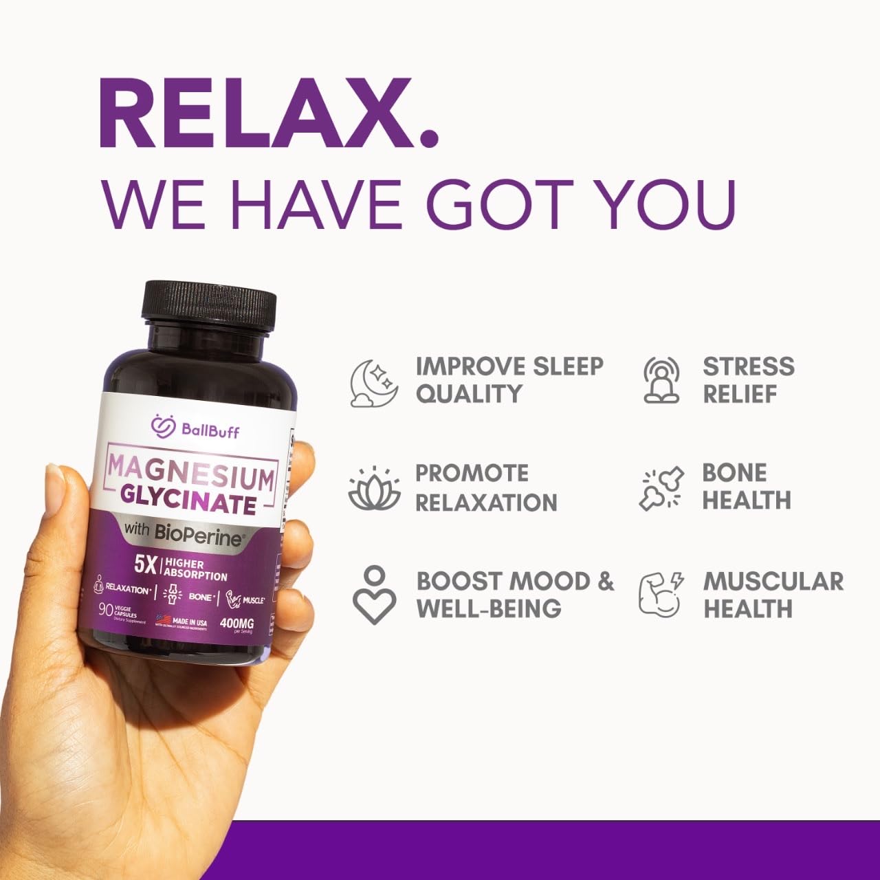 Pure Magnesium Glycinate 400mg - 5X Higher Absorption - Support Stress Relief, Sleep, Bone Health - 100% Chelated - Pure Magnesium Supplement - PrimeBioHealth - canada supplements