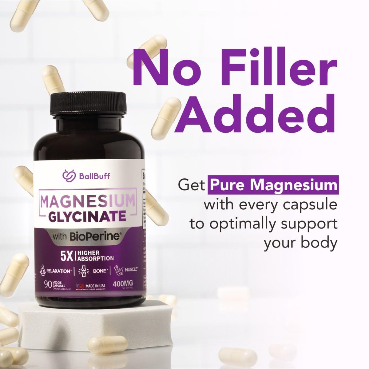 Pure Magnesium Glycinate 400mg - 5X Higher Absorption - Support Stress Relief, Sleep, Bone Health - 100% Chelated - Pure Magnesium Supplement - PrimeBioHealth - canada supplements