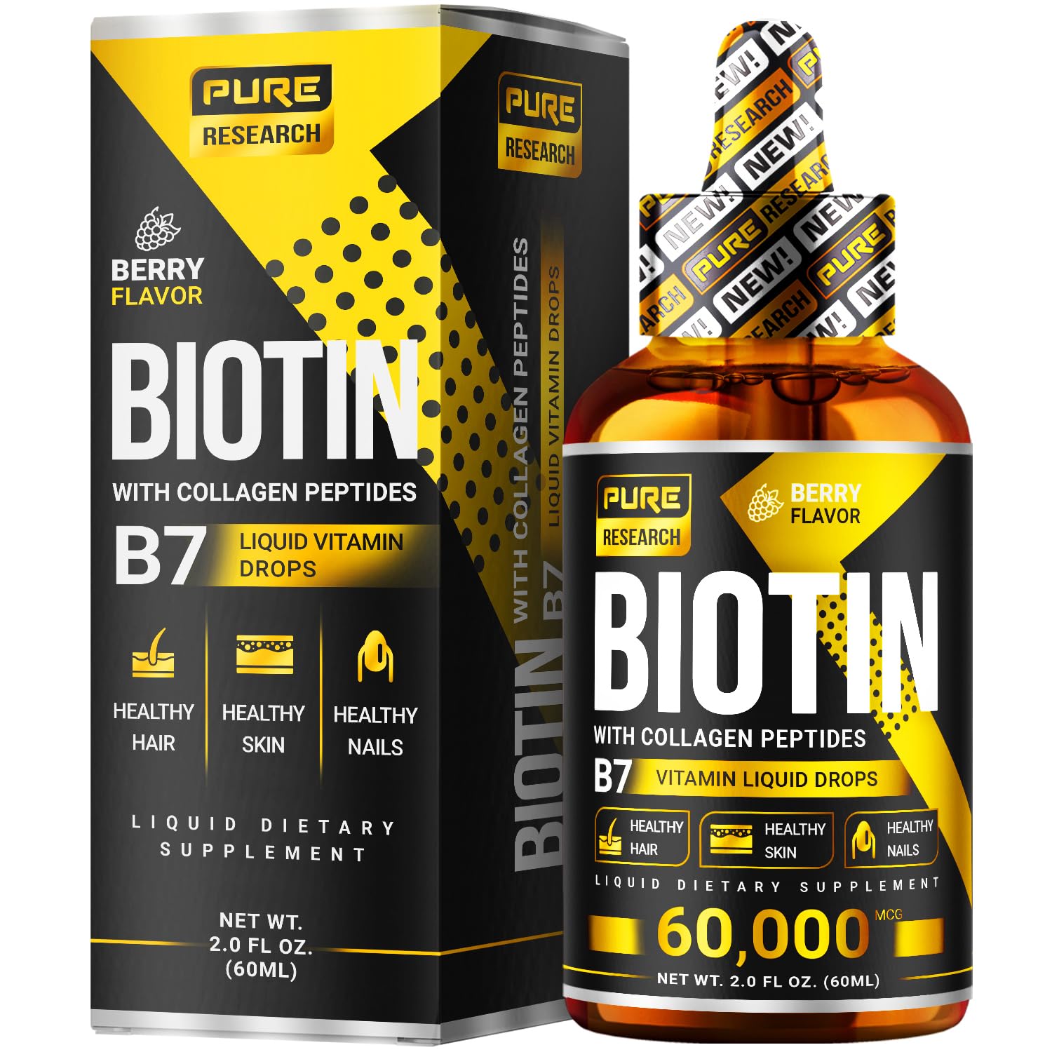 PURE RESEARCH Liquid Biotin & Collagen Hair Growth Drops 60,000mcg – Biotin and Liquid Collagen Supplements for Women & Men – Supports Glowing Skin - PrimeBioHealth - canada supplements