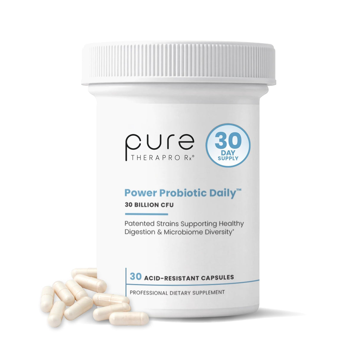 Pure Therapro Rx Power Probiotic Daily - 30 Acid-Resistant Capsules | 4 Proven Strains - 30 Billion CFU/Capsule | Patented Activ-Vial Desiccant Bottle to Ensure Freshness | NO Refrigeration Required - PrimeBioHealth - canada supplements