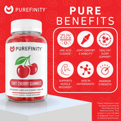 PUREFINITY Tart Cherry Gummies – Uric Acid Flush for Joint Relief & Recovery, Raw Juice Extract Antioxidant – Non-GMO, Gluten Free, Vegan, 60 Count - PrimeBioHealth - canada supplements