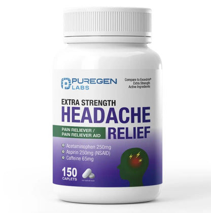 Puregen Labs Extra Strength Headache Caplets, Aspirin 250 mg (NSAID), Caffeine 65 mg, 150 Count - PrimeBioHealth - canada supplements
