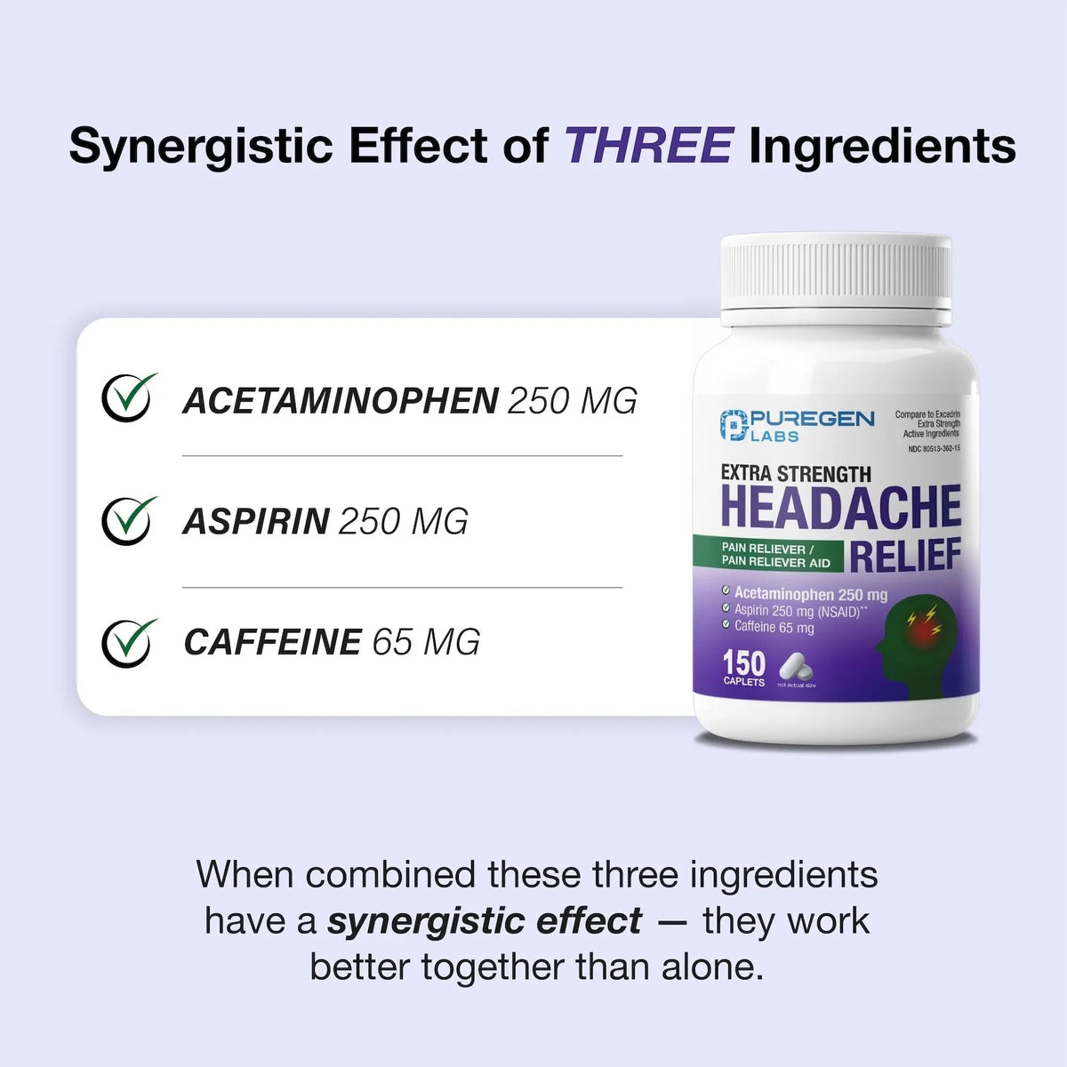 Puregen Labs Extra Strength Headache Caplets, Aspirin 250 mg (NSAID), Caffeine 65 mg, 150 Count - PrimeBioHealth - canada supplements