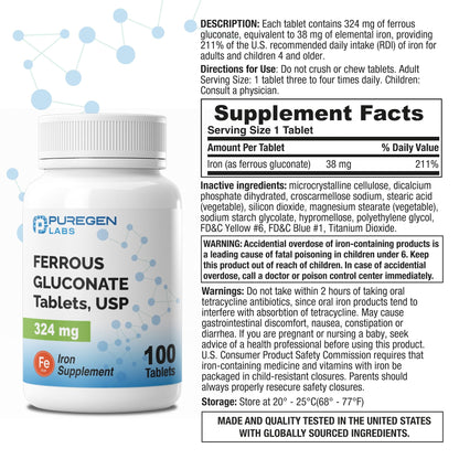 Puregen Labs Ferrous Gluconate 324 mg [High Potency] Iron Supplement, Gentle on Stomach - 100 Tablets - PrimeBioHealth - canada supplements
