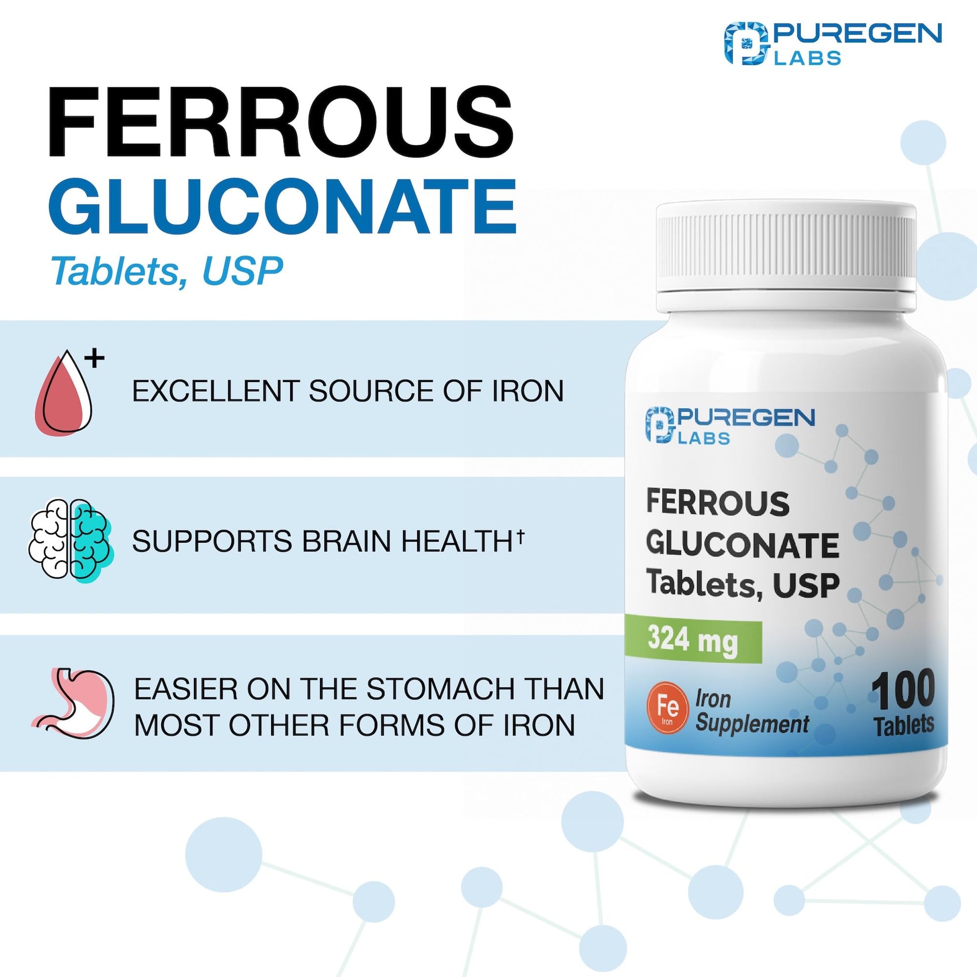 Puregen Labs Ferrous Gluconate 324 mg [High Potency] Iron Supplement, Gentle on Stomach - 100 Tablets - PrimeBioHealth - canada supplements