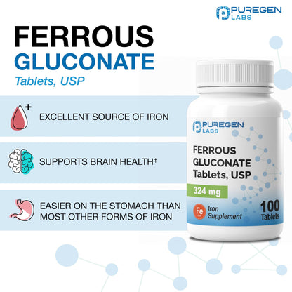 Puregen Labs Ferrous Gluconate 324 mg [High Potency] Iron Supplement, Gentle on Stomach - 100 Tablets - PrimeBioHealth - canada supplements