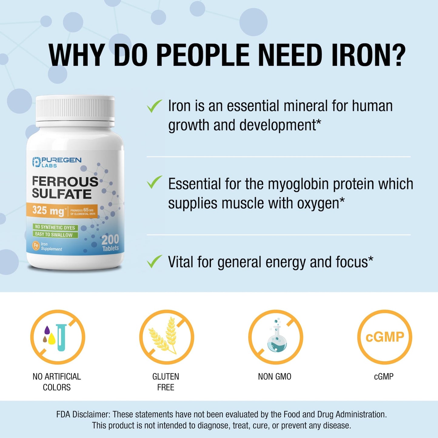 Puregen Labs Ferrous Sulfate 325 mg (65 mg Elemental Iron) High Potency Iron Supplement | No Artificial Color Additives - 200 Tablets - PrimeBioHealth - canada supplements