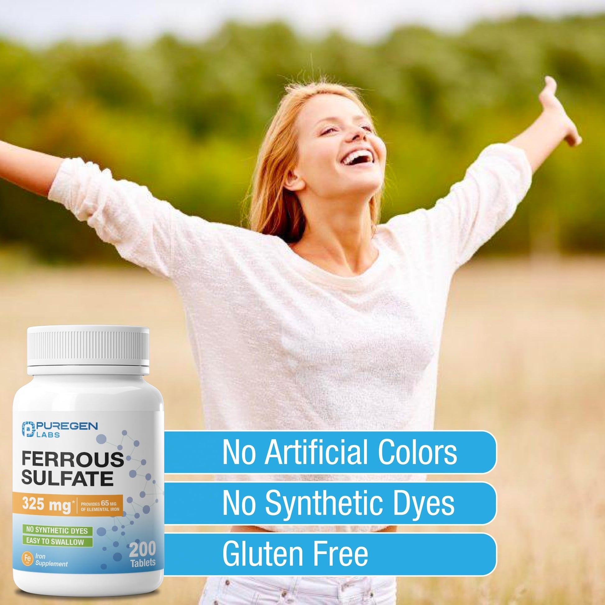 Puregen Labs Ferrous Sulfate 325 mg (65 mg Elemental Iron) High Potency Iron Supplement | No Artificial Color Additives - 200 Tablets - PrimeBioHealth - canada supplements