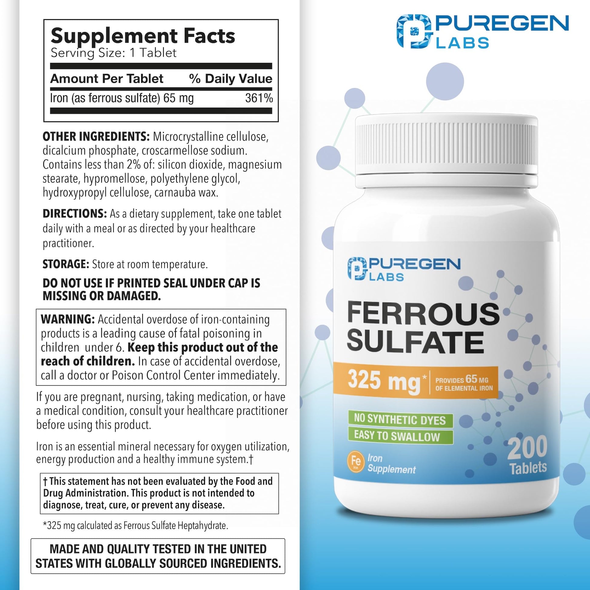 Puregen Labs Ferrous Sulfate 325 mg (65 mg Elemental Iron) High Potency Iron Supplement | No Artificial Color Additives - 200 Tablets - PrimeBioHealth - canada supplements