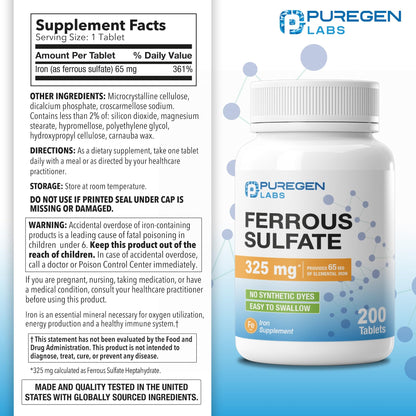 Puregen Labs Ferrous Sulfate 325 mg (65 mg Elemental Iron) High Potency Iron Supplement | No Artificial Color Additives - 200 Tablets - PrimeBioHealth - canada supplements