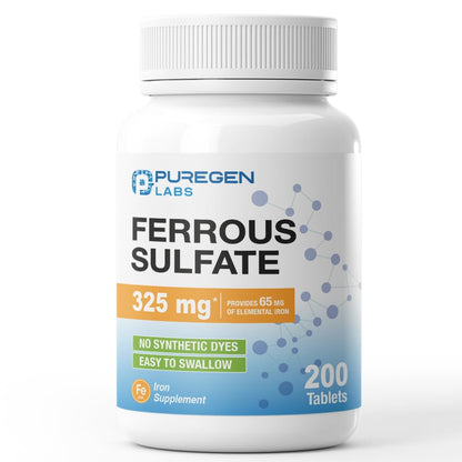 Puregen Labs Ferrous Sulfate 325 mg (65 mg Elemental Iron) High Potency Iron Supplement | No Artificial Color Additives - 200 Tablets - PrimeBioHealth - canada supplements