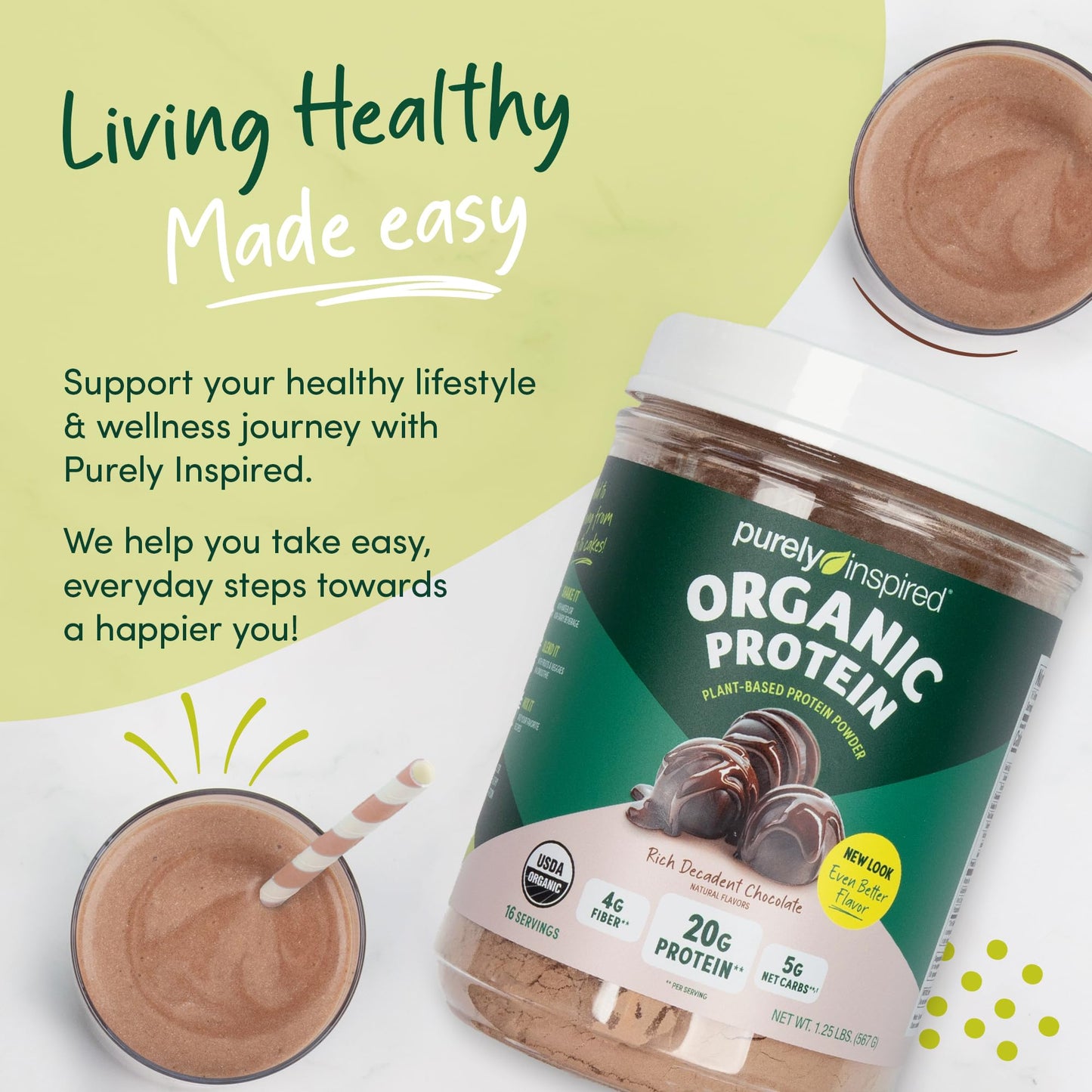 Purely Inspired Plant-Based Protein Powder for Men & Women, Rich Decadent Chocolate (16 Servings) - Vegan & Organic - 20g of Pea Protein Powder for Smoothies & Shakes - PrimeBioHealth - canada supplements