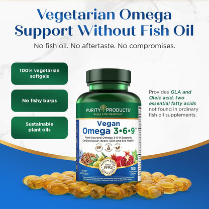 Purity Products Vegan Omega 3 6 9 Formula - “5 in 1” Essential Fatty Acid Complex - Scientifically Formulated Plant-Based Vegan Omega 3-6-9 Essential Fatty Acids - PrimeBioHealth - canada supplements