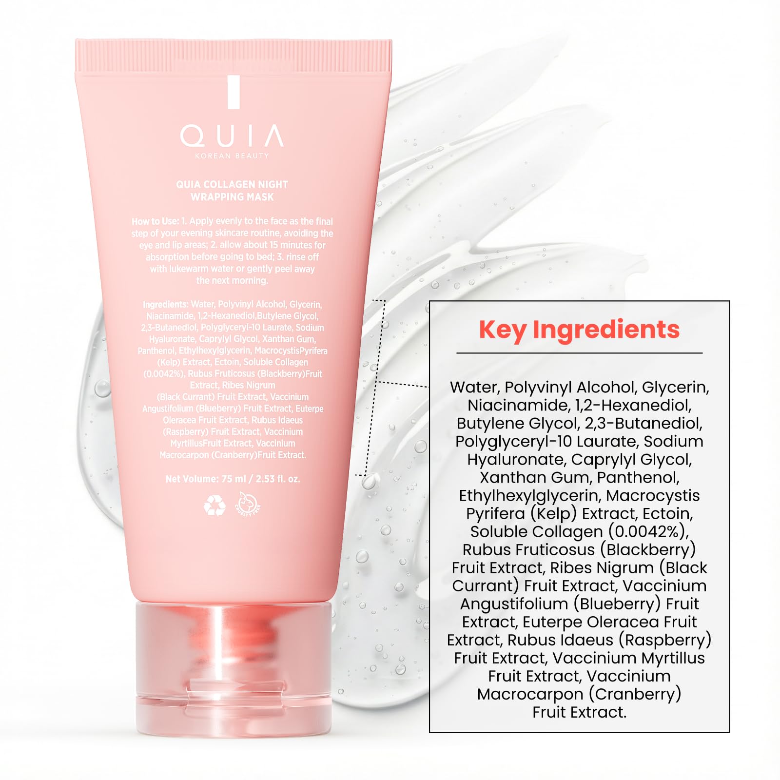 QUIA Collagen Wrapping Mask 75ml - Clinical +92% Firmer Appearance - Overnight Glass Skin Peel Off - Korean Skincare - PrimeBioHealth - canada supplements