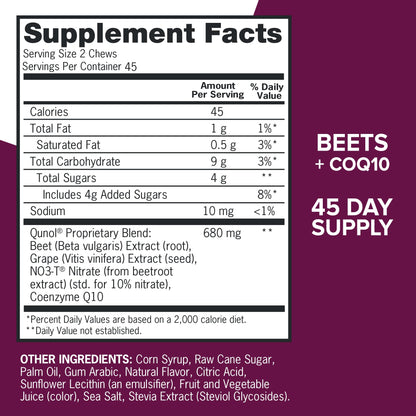 Qunol Beets Chews for Blood Pressure Support, 3 in 1 Beets + CoQ10 + Grape Seed Extract, - PrimeBioHealth - canada supplements