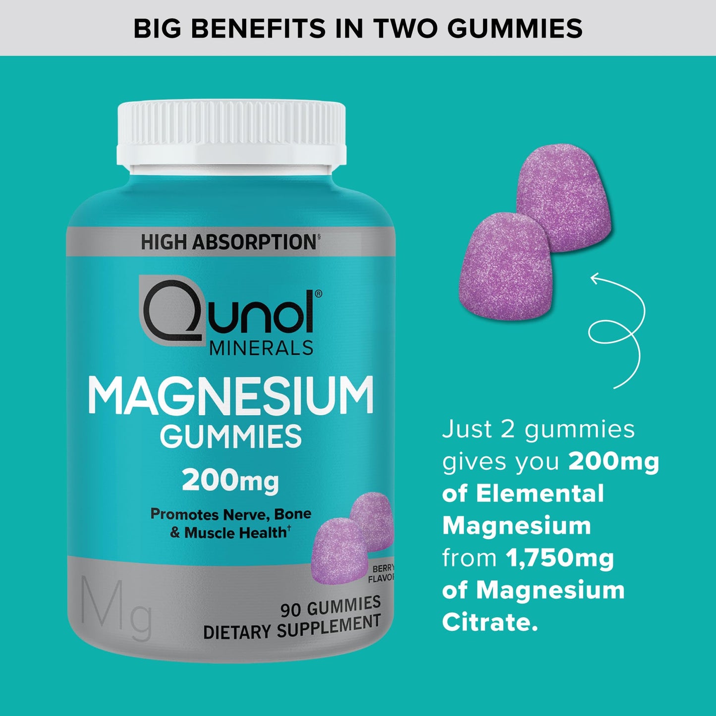 Qunol Magnesium Gummies for Adults, 200mg Elemental Magnesium (from 1,750mg Magnesium Citrate), High Absorption Magnesium Supplement, Supports Nerve, - PrimeBioHealth - canada supplements