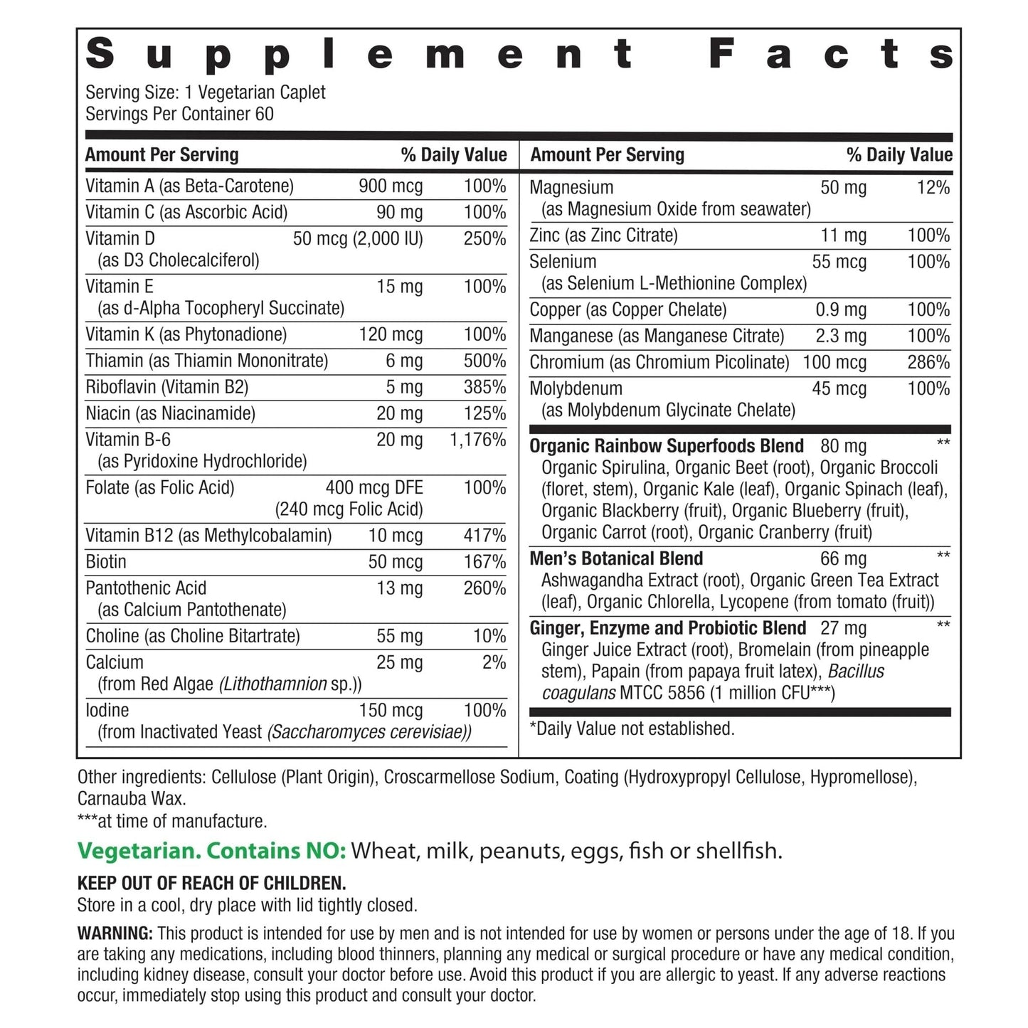 Rainbow Light Mens Multivitamin One + | 60 Caplets | Supports Energy & Antioxidant Health | with Real Food Nutrients, Digestive Enzymes & Probiotics - PrimeBioHealth - canada supplements