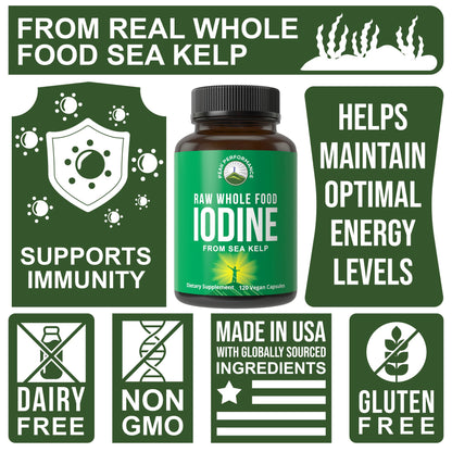 Raw Whole Food Iodine Supplement from Organic Kelp (Ascophyllum Nodosum) by Peak Performance. Potassium Iodide Support Tablets. for Metabolism, Energy, and Immune. 60 Vegan Capsules, Pills - PrimeBioHealth - canada supplements