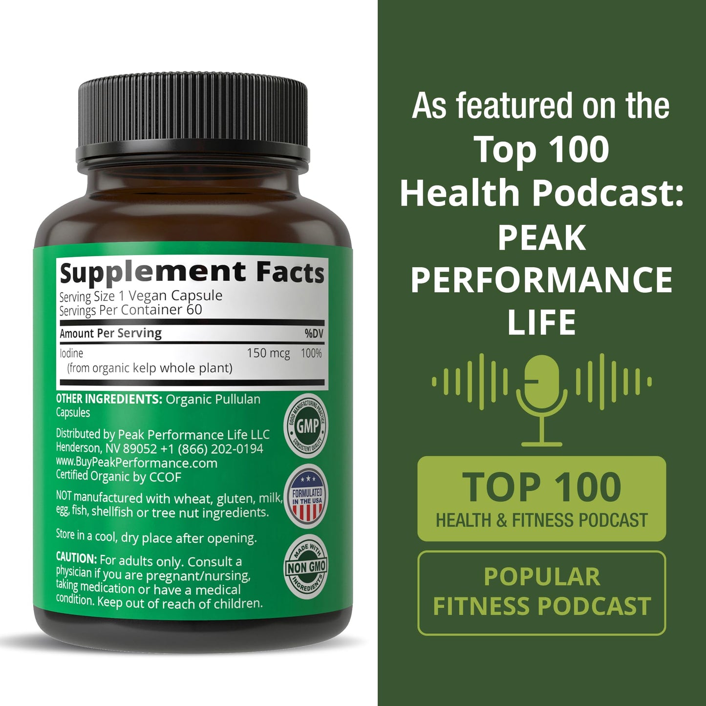 Raw Whole Food Iodine Supplement from Organic Kelp (Ascophyllum Nodosum) by Peak Performance. Potassium Iodide Support Tablets. for Metabolism, Energy, and Immune. 60 Vegan Capsules, Pills - PrimeBioHealth - canada supplements