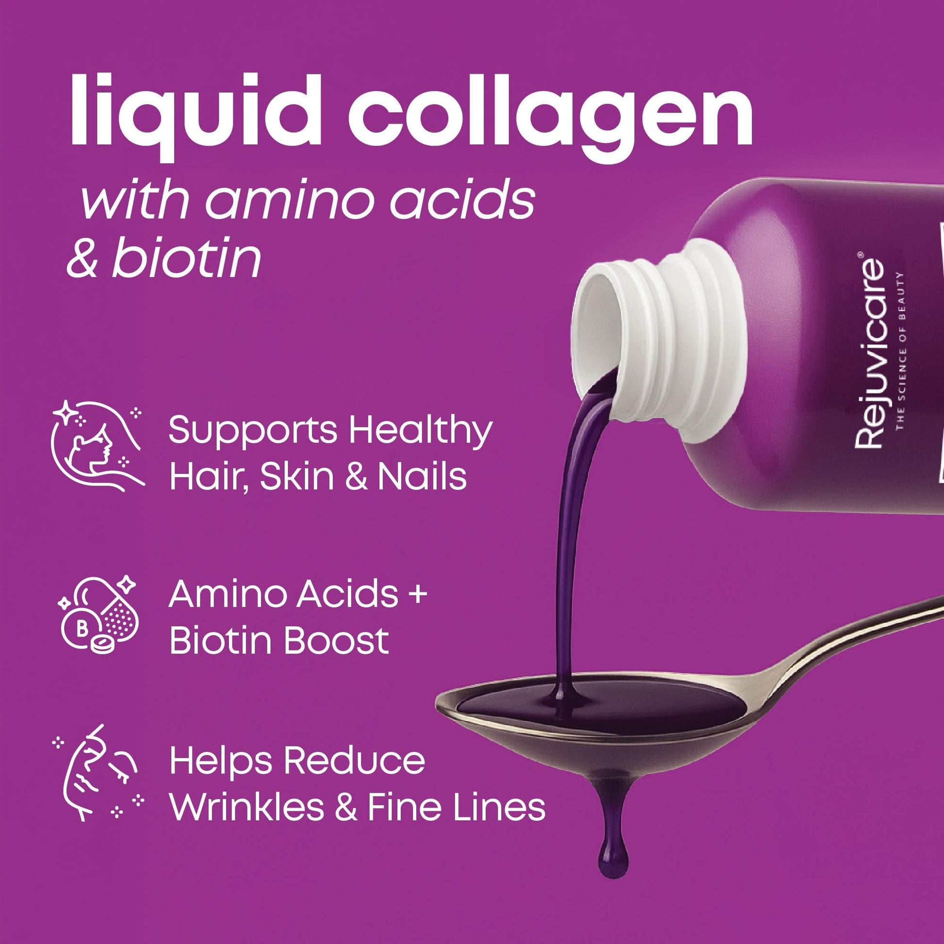 Rejuvicare Liquid Collagen Beauty Formula with Amino Acids, Protein and Biotin, Delicious Grape Flavor, Purple 16 oz ,32 servings - PrimeBioHealth - canada supplements