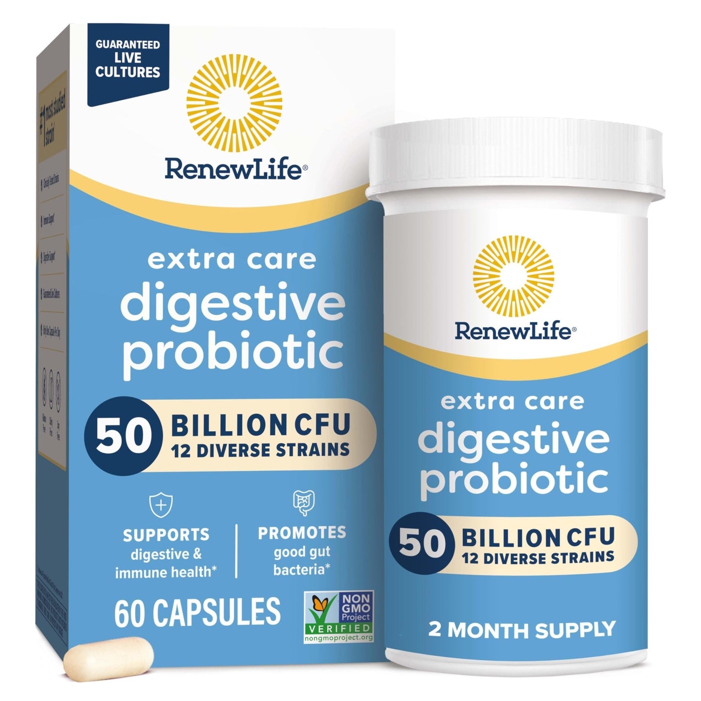 Renew Life Extra Care Digestive Probiotic Capsules, 50 Billion CFU Guaranteed, Daily Supplement Supports Immune, Digestive, Respiratory Health(1), L. Rhamnosus GG - PrimeBioHealth - canada supplements