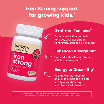 Renzo's Iron Supplements for Kids, Dissolvable Vegan Kids Iron Supplement with Vitamin C, Sugar-Free Melty Tabs - PrimeBioHealth - canada supplements
