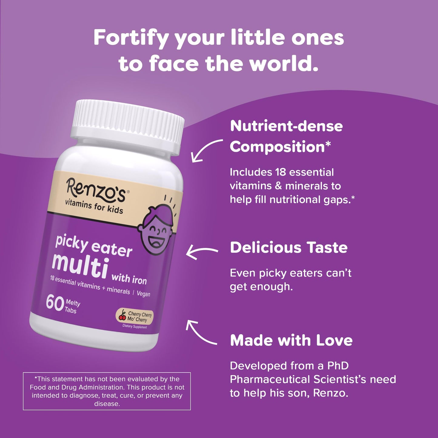 Renzo's Picky Eater Kids Multivitamin with Iron - Dissolvable Kids Vitamins with Iron, Zinc, Vitamin C, Vitamin D, E & K, Sugar-Free Melty Tabs, Cherry Flavor - PrimeBioHealth - canada supplements