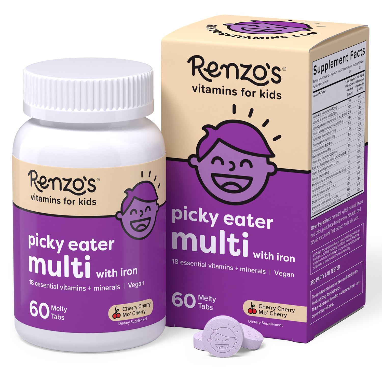 Renzo's Picky Eater Kids Multivitamin with Iron - Dissolvable Kids Vitamins with Iron, Zinc, Vitamin C, Vitamin D, E & K, Sugar-Free Melty Tabs, Cherry Flavor - PrimeBioHealth - canada supplements
