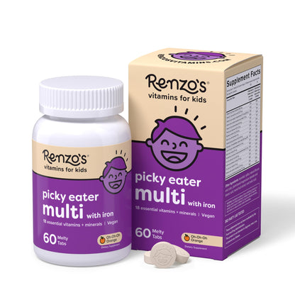 Renzo's Picky Eater Kids Multivitamin with Iron - Dissolvable Kids Vitamins with Iron, Zinc, Vitamin C, Vitamin D, E & K, Sugar-Free Melty Tabs, Orange Flavor - PrimeBioHealth - canada supplements