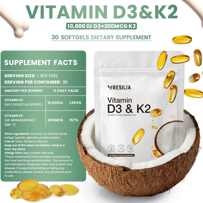 Resilia D3 K2 Vitamin 10000 IU + MK-7 200 mcg – High Potency Softgels with Coconut Oil for Maximum Absorption – Supports Bone Strength, Heart Health & Immune System – (30 Count) - PrimeBioHealth - canada supplements