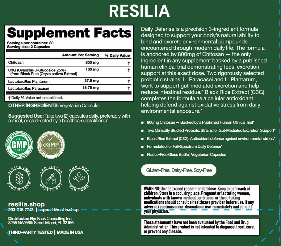 Resilia Daily Defense Capsules – Chitosan 800mg + Probiotics & Black Rice Extract – Digestive & Gut Health Support – Antioxidant Formula – Non-GMO, Gluten-Free, 60 Capsules - PrimeBioHealth - canada supplements