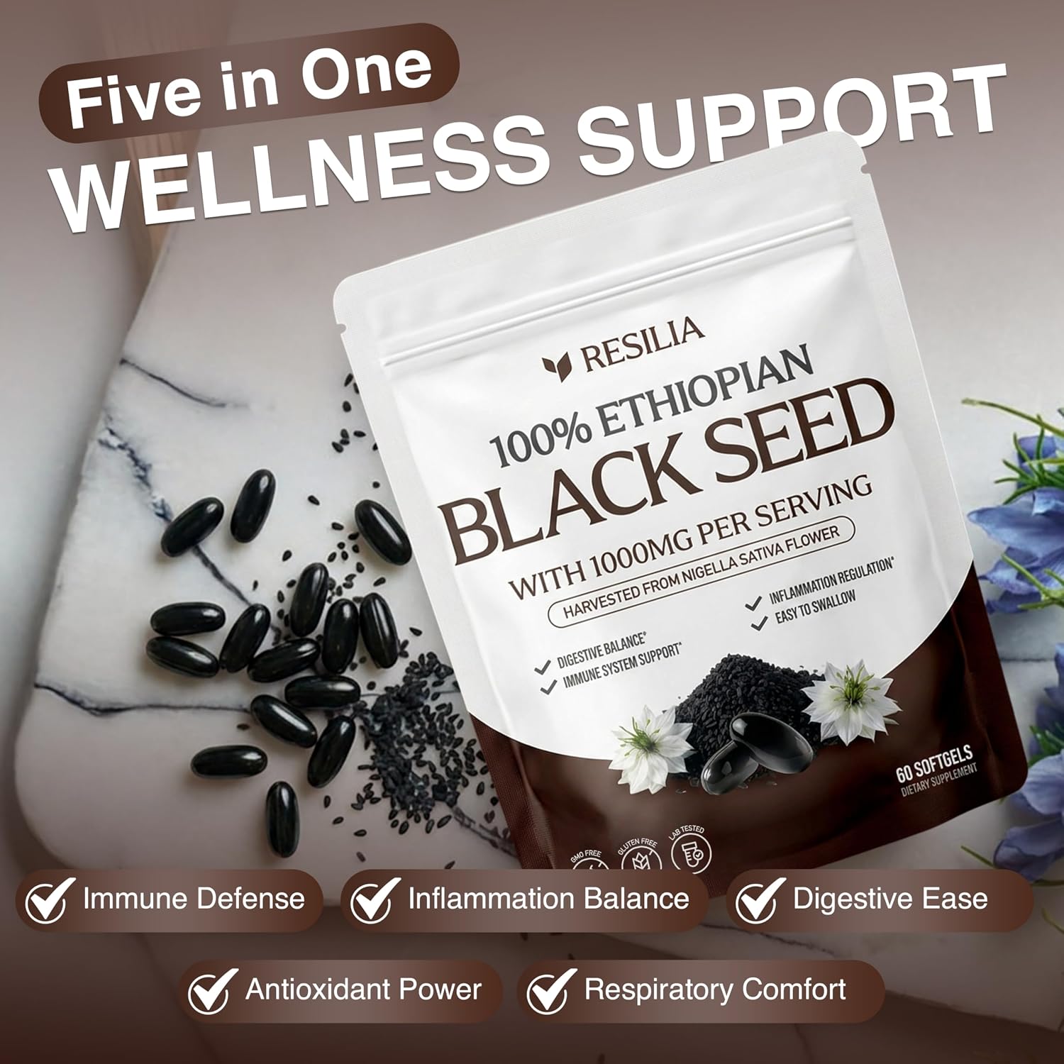 Resilia Ethiopian Black Seed Softgels 1000mg Per Serving – Premium Nigella Sativa Seed Oil Supplement – Digestive & Immune Support Formula – Easy to Swallow Soft Capsules (60 Count) - PrimeBioHealth - canada supplements